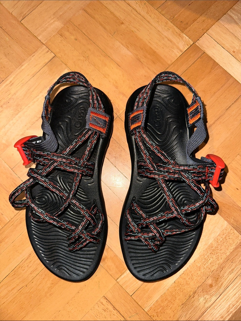 Chaco Black Sandals with Orange and Red Accents Womens 6